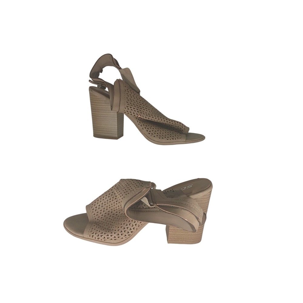 Soda Block Heel Sandals 8.5 Tan Perforated Peep Toe Zip Ankle Strap Boho Casual